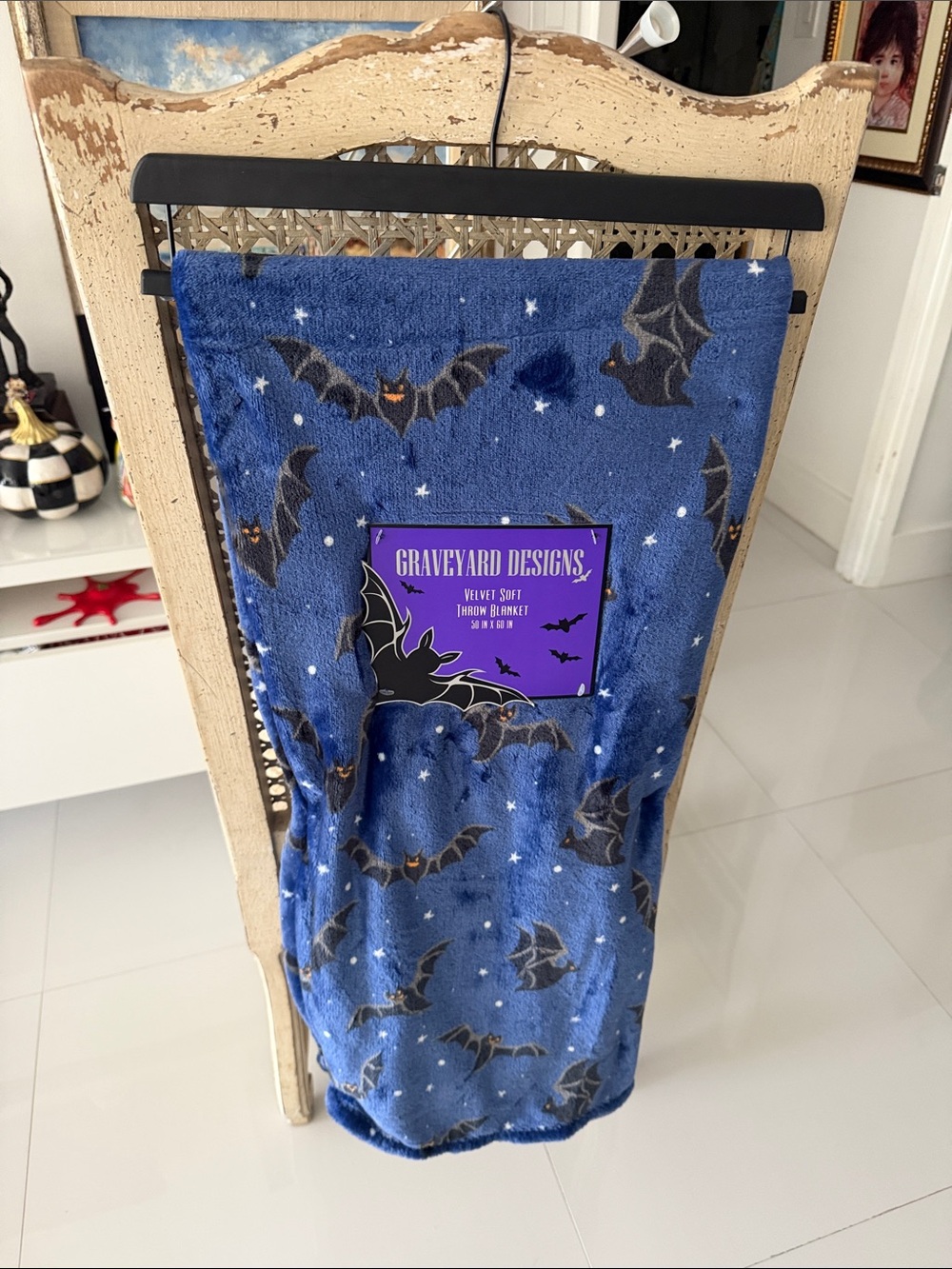 Graveyard Designs Halloween Blue & Black Throw Blanket with Bat Print - Picture 3 of 3